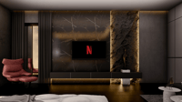 Bedroom media wall pairing dark marble and backlit rough-stone panel with a rust leather accent chair, Hyderabad