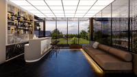 Rooftop bar lounge with marble counter, bench seating, glazed walls and laser-cut jali screen at dusk, Hyderabad