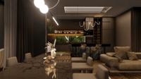 Open-plan lounge with glossy veined-marble dining table, sectional sofa and warm cove lighting, Hyderabad home
