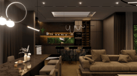 Open-plan living and kitchen with dark marble island, taupe sectional and vertical garden, low ambient lighting, Hyderabad