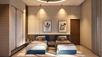 Twin-bed children's room in Hyderabad with blue bed bases, framed sketches and a perforated sliding screen