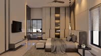 Modern master bedroom in Hyderabad with wall-mounted TV, panelled wardrobe and beige upholstered bed on a textured rug