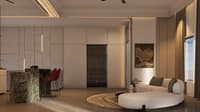 Round boucle sofa, fluted entry door and a green-marble breakfast bar with red stools, Hyderabad full-home living space