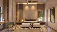 Contemporary bedroom with fluted wall panel, walnut accents, green accent chair and a patterned rug, Hyderabad