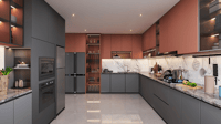 Modular kitchen in Hyderabad with grey and terracotta cabinets, marble backsplash and granite counters