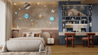 Kids bedroom with a hand-painted solar-system wall mural, fluted headboard and blue study unit, Hyderabad