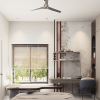 Bedroom corner with curved study desk, wooden window blinds, floating shelves and a forest mural backdrop in Hyderabad