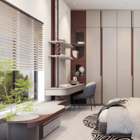 Compact bedroom dressing zone with floating desk, open shelving, beige wardrobes and a curved bench by the window, Hyderabad