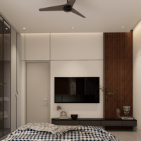 Bedroom with fluted wood feature panel, wall-mounted TV on a slim console and navy checked bedding, Hyderabad