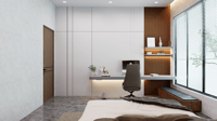 Bedroom study nook with floating desk, leather office chair, white wardrobes and wood-slat accent, Hyderabad