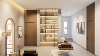 Bright entrance foyer in Hyderabad with backlit fluted display shelving, arched doorway and low daybed seating