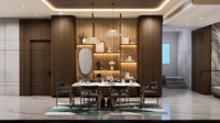 Dining room with walnut fluted wall, gold-framed table, blue velvet chairs, glass pendants and teal geometric rug, Hyderabad