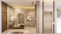 Modern foyer in Hyderabad with arched mirror, textured plaster walls, a daybed and a mirror-clad lift lobby