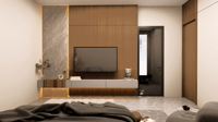 Bedroom TV wall blending fluted walnut and marble with floating console and warm cove lighting, Hyderabad home interior