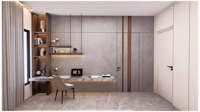 Home study with cantilevered marble desk, grey concrete-finish panels, floating shelves and tan chair, Hyderabad interior