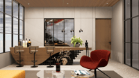 Modern lounge bar with curved wood counter, swivel bar stools, red accent chair and glass-walled mezzanine, Hyderabad