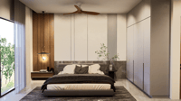 Bedroom with low platform bed, walnut and fluted headboard wall, full-height grey wardrobe and dark rug, Hyderabad home