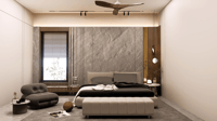 Bedroom with grey marble feature wall, upholstered bed, curved chaise lounge and cowhide rug, contemporary Hyderabad home
