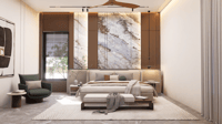 Bedroom with dramatic book-matched marble headboard, green accent armchair and ribbed curtain wall, Hyderabad interior