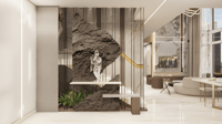 Foyer feature wall with sculptural rock divider, classical white statue, floating marble shelf and vertical brass rods, Hyderabad