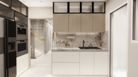 Modular kitchen with marble backsplash, black sink, oak cabinetry and integrated tall fridge and ovens, Hyderabad