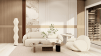 Beige-toned lounge with bouclé sofa, round armchairs, marble backdrop and glass wine wall, Hyderabad