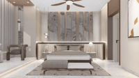Master bedroom with fluted marble headboard wall, ceiling fan and upholstered bench in warm neutrals, Hyderabad