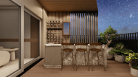 Terrace bar with marble counter, leather stools, wine rack and slatted wood screen under a night sky, Hyderabad