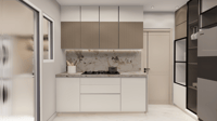Compact white kitchen with marble backsplash, oak upper cabinets and stone countertop, Hyderabad