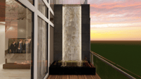 Balcony water feature with lit stone wall, glass railing and outdoor fireplace at dusk, Hyderabad