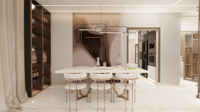 Dining area with marble table, upholstered chairs, blush stone backsplash and built-in ovens, Hyderabad