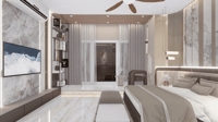 Bedroom view with marble TV wall, sheer drapes and wood-panelled wardrobe in soft greys, Hyderabad
