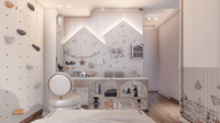 Girls room corner with house-shaped wall panels, vanity mirror, toy shelving and climbing holds, Hyderabad