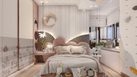 Kids bedroom with blush scalloped headboard, moon decor, climbing wall and bay-window reading nook, Hyderabad