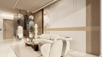 Minimalist living room with curved cream sofas, round marble coffee table, mirrored screen divider and wood-panel marble-inlay wall, Hyderabad