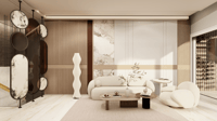 Minimalist living room with marble-disc art screen, curved cream sofa and sculptural ribbed floor lamp, Hyderabad