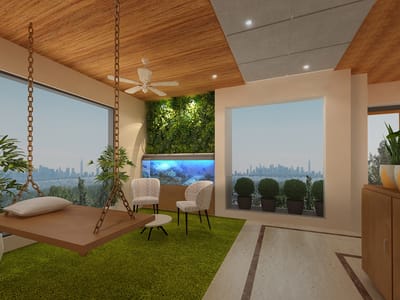 Balcony lounge with hanging daybed, living-green wall, aquarium and skyline view, Hyderabad home interior