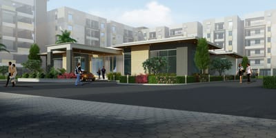Apartment entrance gateway render with porte-cochere, landscaped beds and paved driveway, residential blocks behind, Hyderabad