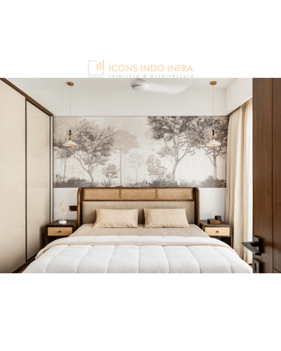 Guest bedroom with sepia forest mural headboard wall, cane bed, twin pendant lights and matching bedside tables
