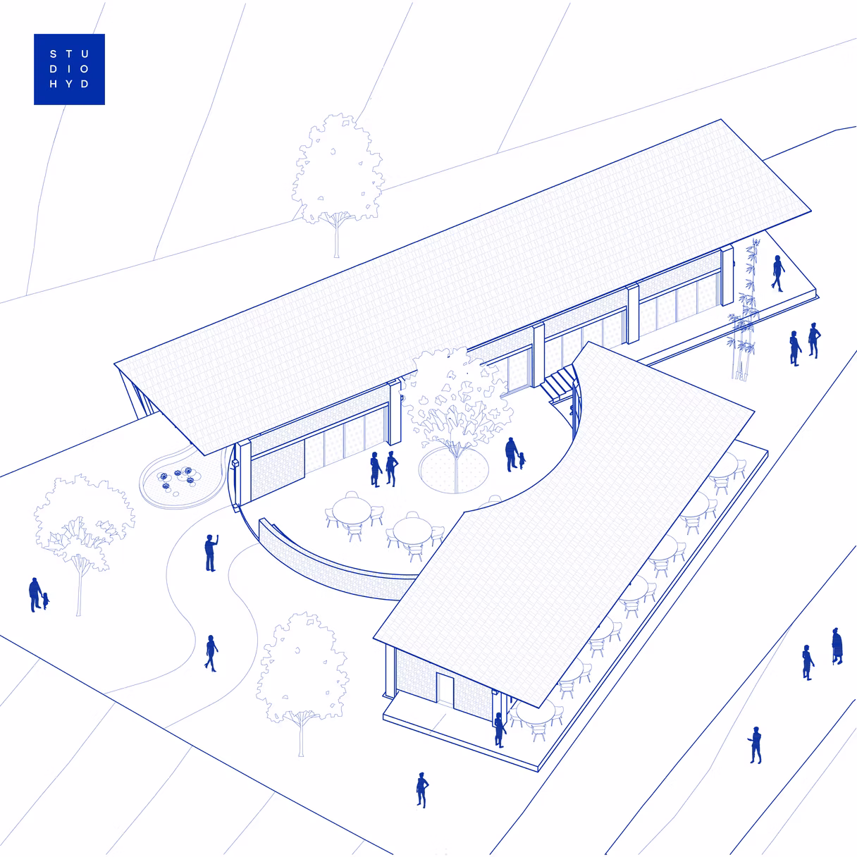 Blue-line axonometric architectural drawing of the Rachakonda Cafe layout by Studio Hyderabad
