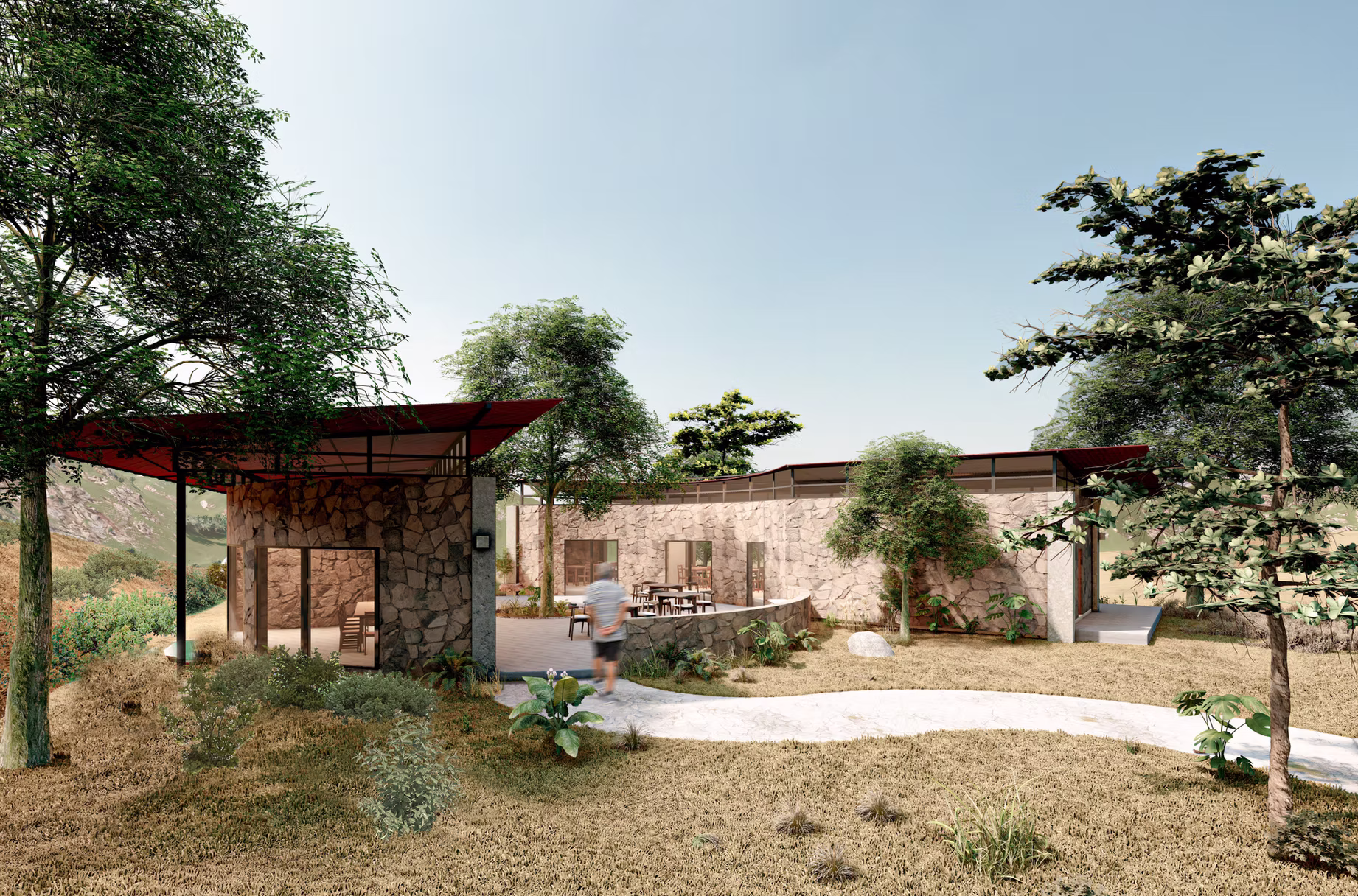 3D render of Rachakonda Cafe, a single-storey stone building with red metal roof set in a landscaped hillside, Hyderabad