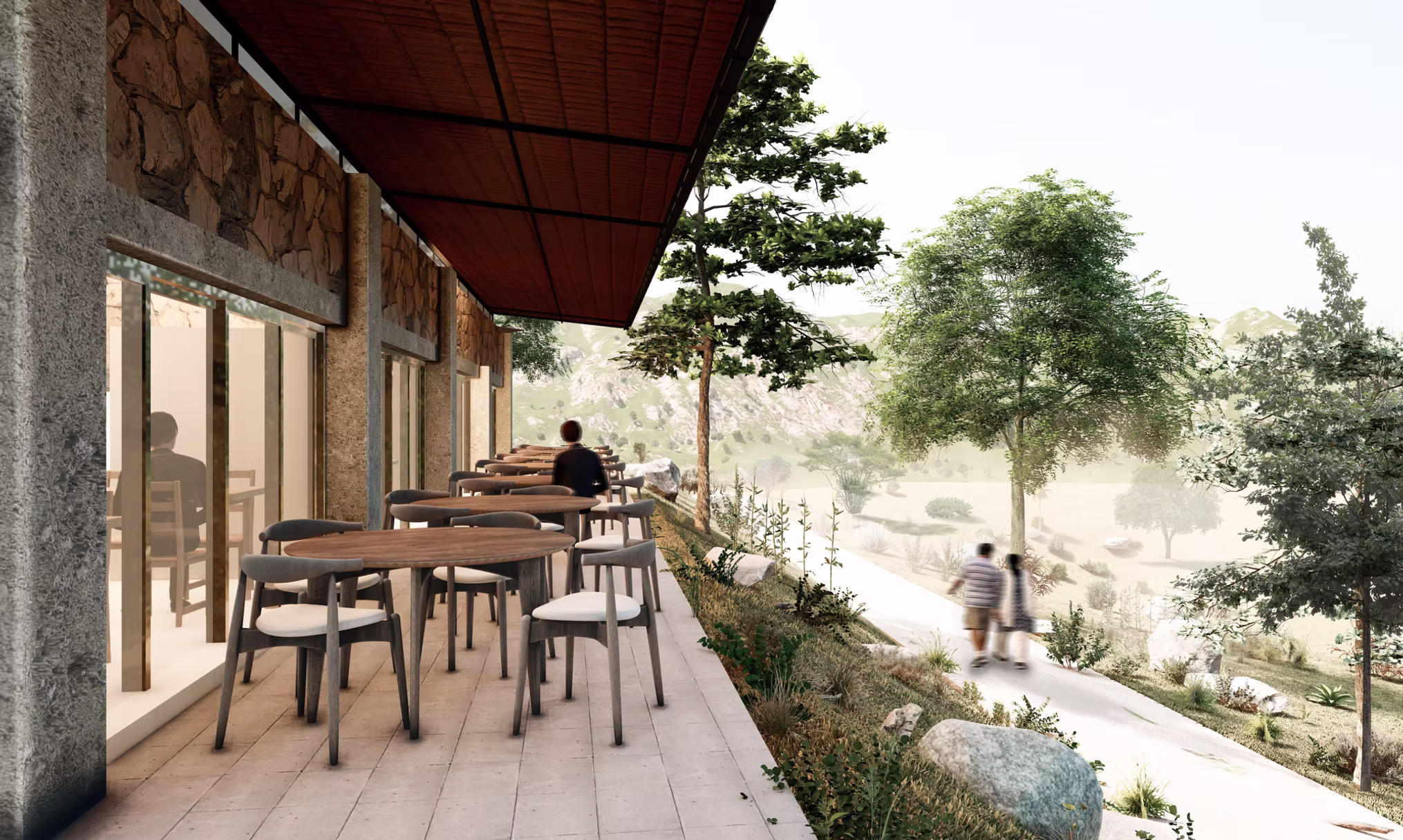 Render of a covered cafe terrace lined with dining tables along a stone facade overlooking a green valley, Hyderabad