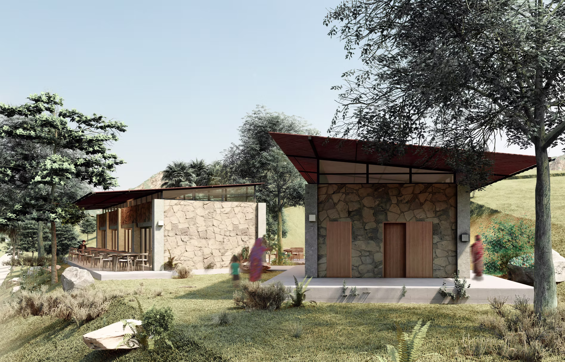 Render of stone-clad cafe pavilions with angled red roofs nestled into a rural Hyderabad hillside