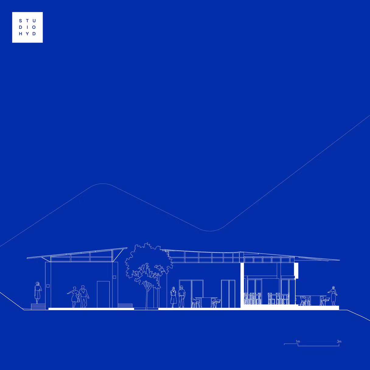 Architectural elevation line drawing of a single-storey cafe pavilion with open seating, on blue blueprint background, Hyderabad