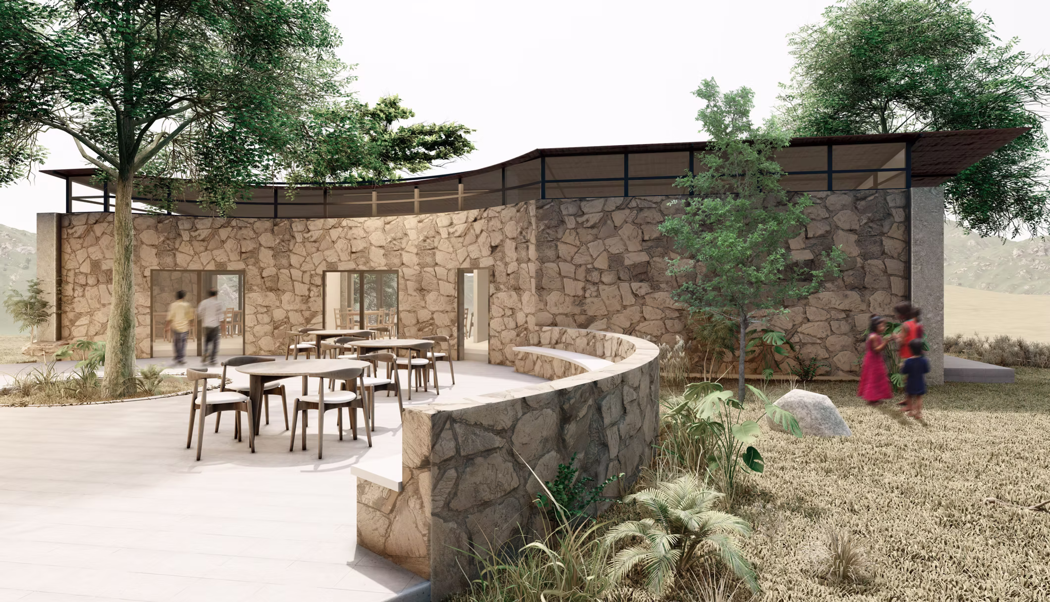 Render of Rachakonda Cafe outdoor terrace with curved stone wall, timber dining sets and open hillside views, Hyderabad