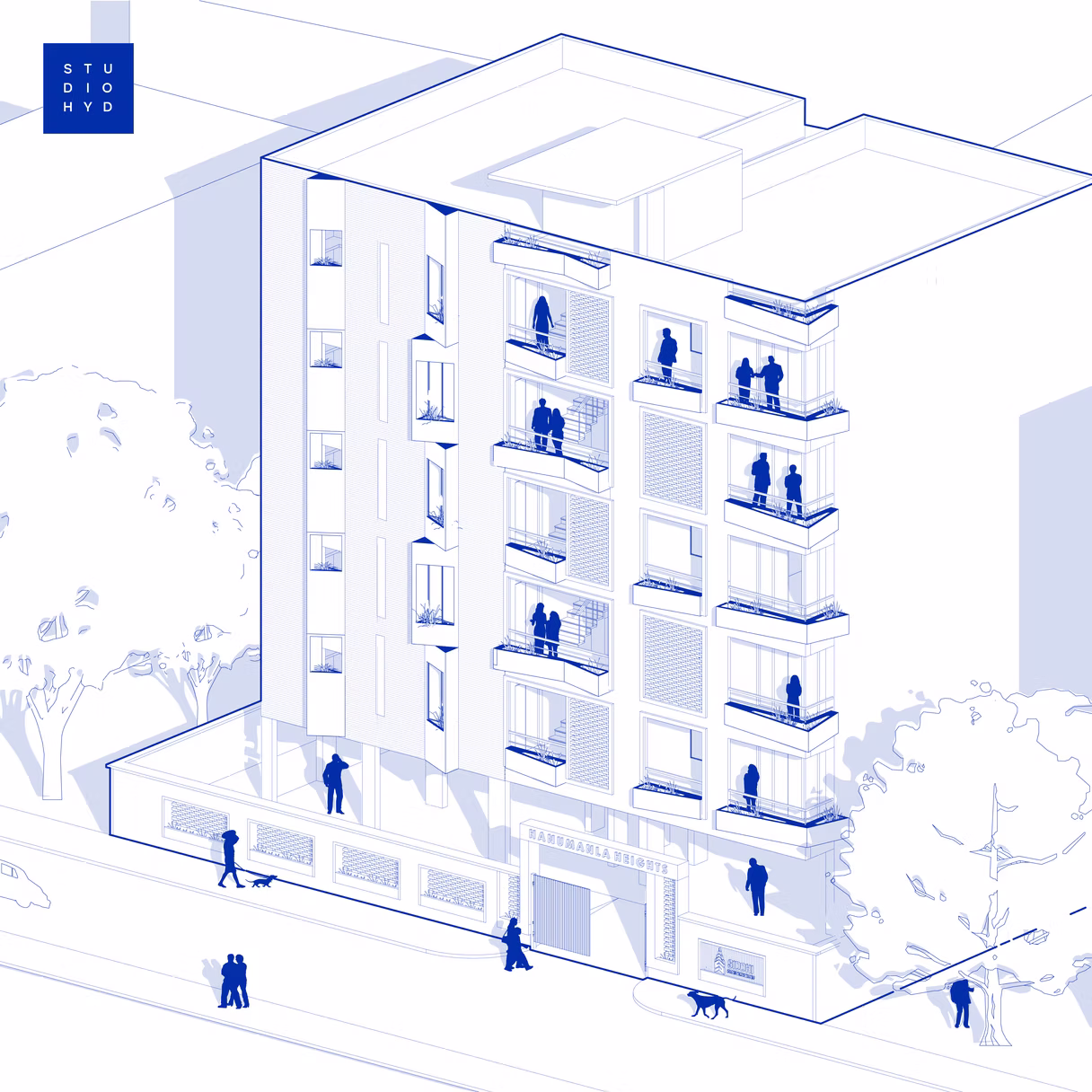 Isometric line drawing of a six-storey residential building with balconies on a blueprint background, Hyderabad