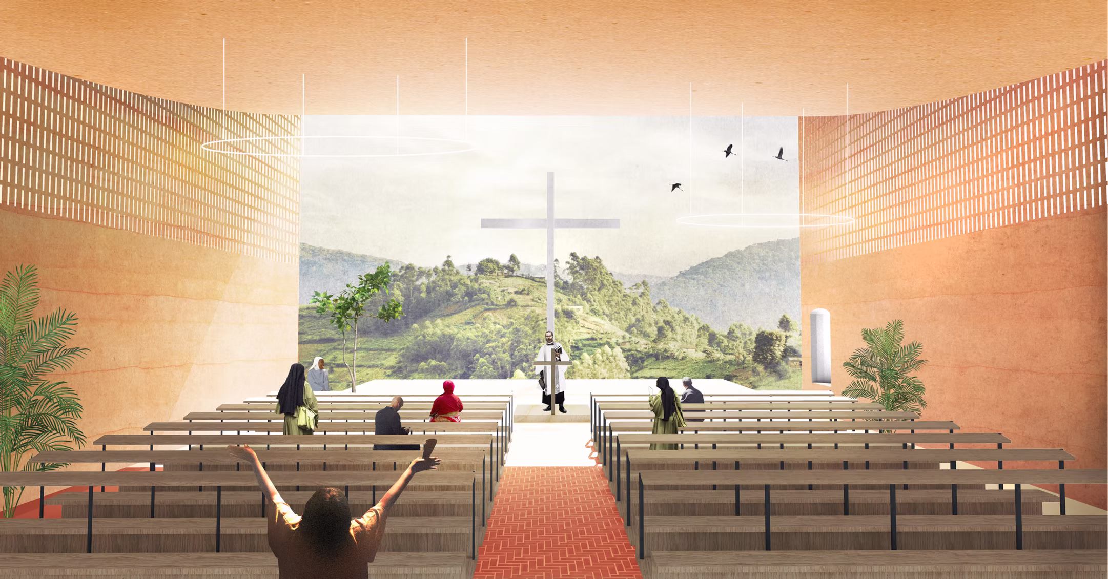 Chapel interior render with timber pews, central cross and open wall framing green hills, worshipper with raised arms, Rwanda