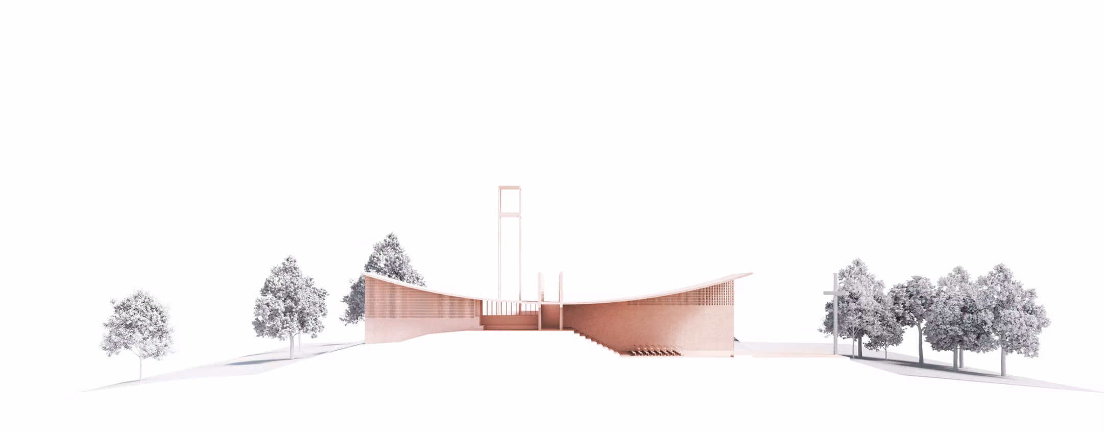 Architectural elevation drawing of a low copper-toned pavilion with a slender tower among sparse trees