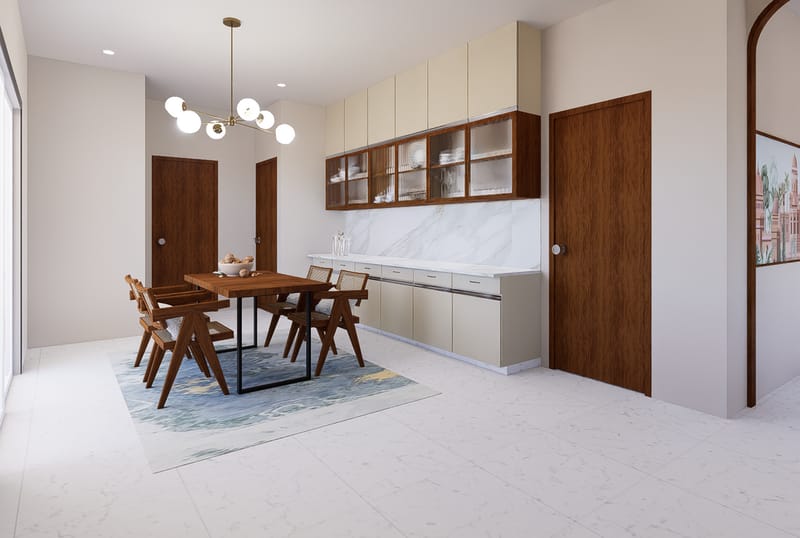 Dining area with Chandigarh-style wooden chairs, sputnik chandelier and glass-front crockery unit, Hyderabad