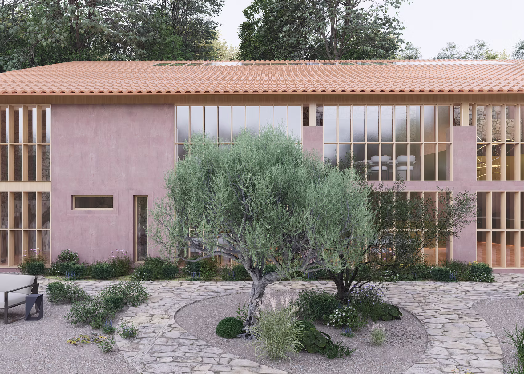 Brescia Restaurant render, Hyderabad: pink plaster walls, terracotta roof and timber-framed glazing over an olive courtyard